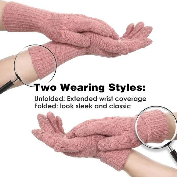 Women's Pink Knit Lined Winter Warm Touch Screen Elastic Stylish Gloves